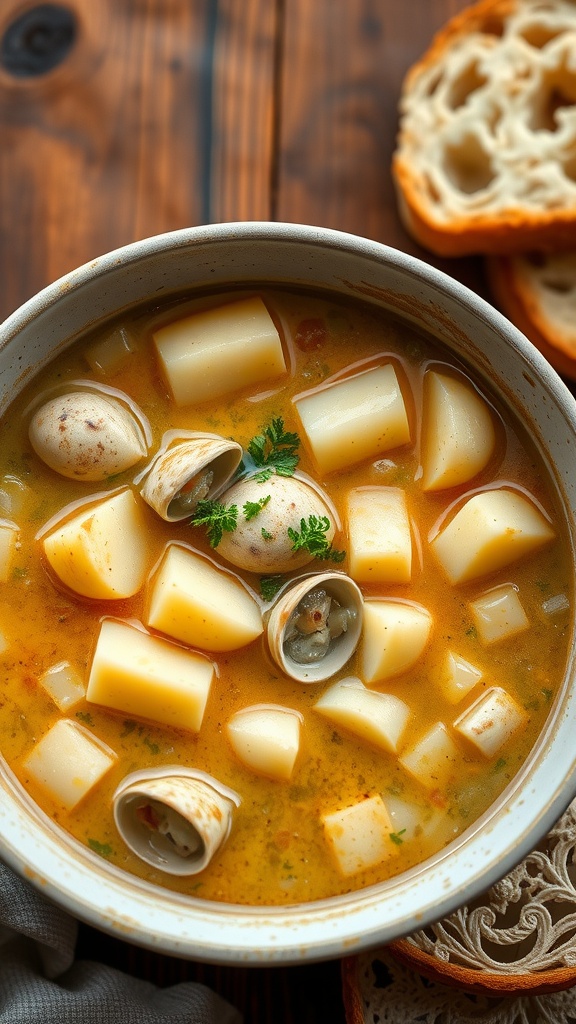 A bowl of clam chowder with potatoes and clams, garnished with parsley, on a rustic table with bread.
